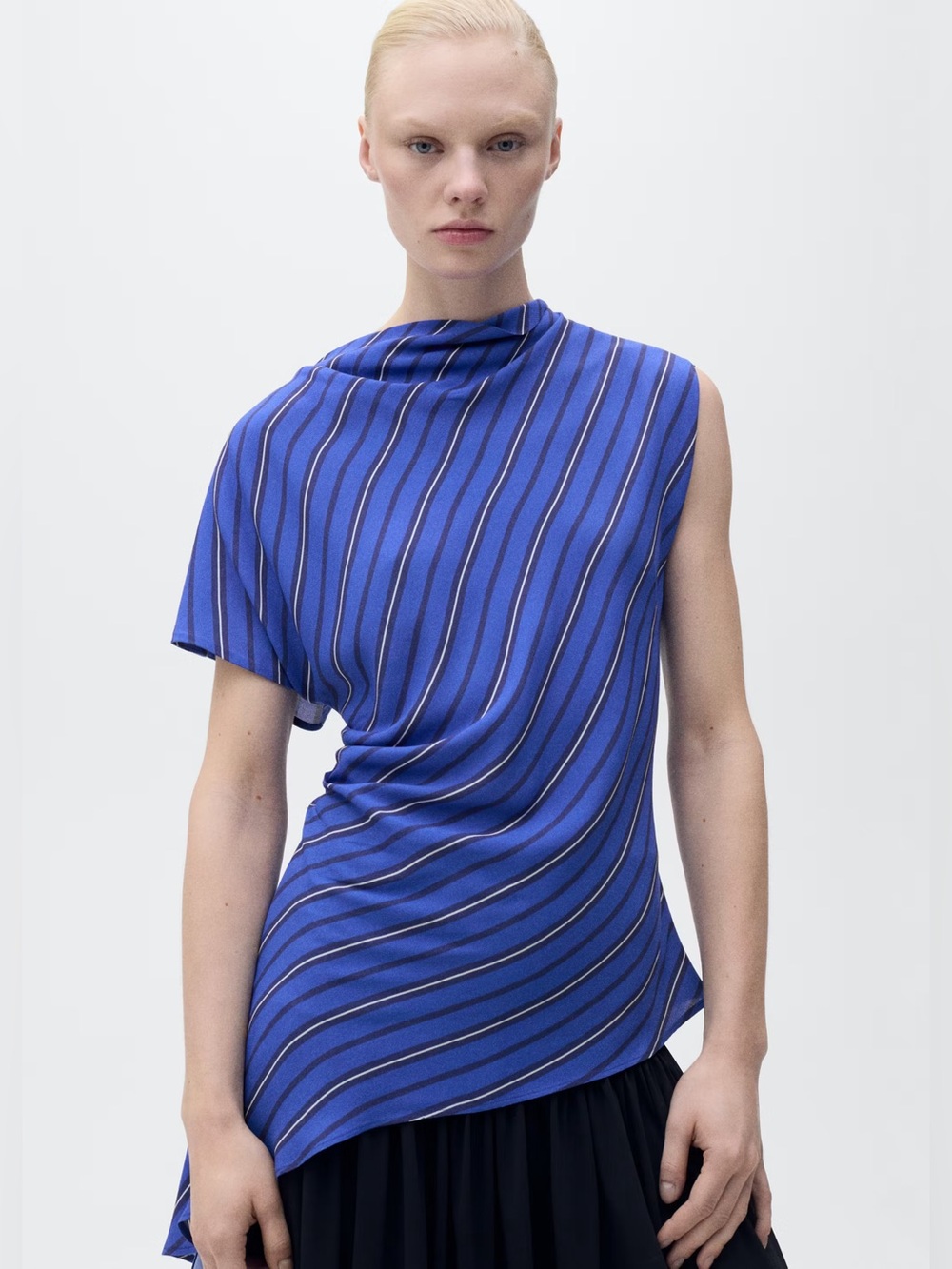 Mango Blue asymmetrical striped blouse NWT